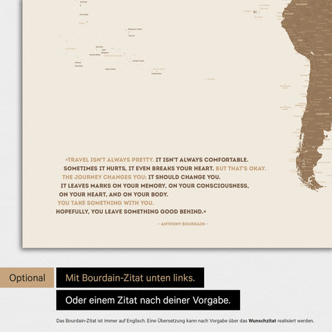 World map in multicolor brown with printed quote by Anthony Bourdain, which can be replaced with any other quote during personalization