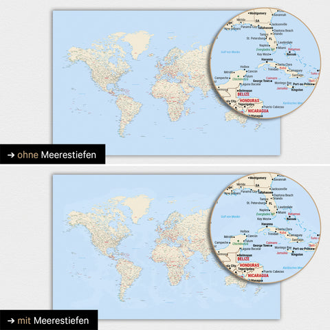 World map in multicolor classic with two-dimensional sea depths