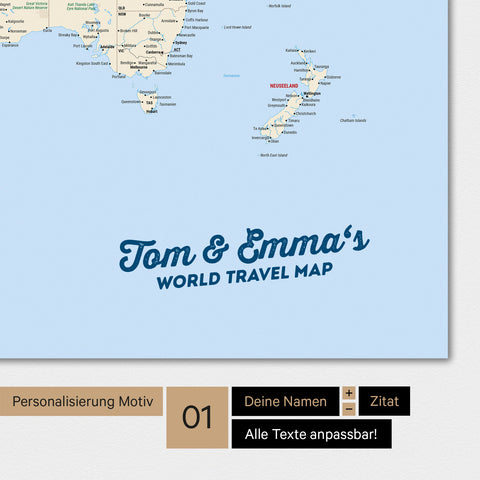 Personalized world map in multicolor classic with your name printed