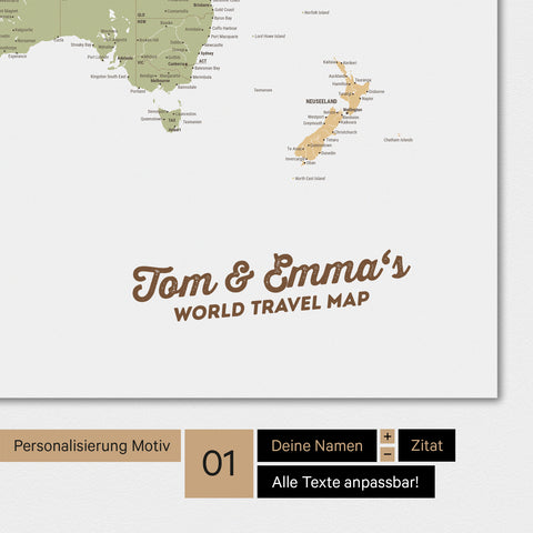 Personalized world map in multicolor Sienna with your name printed