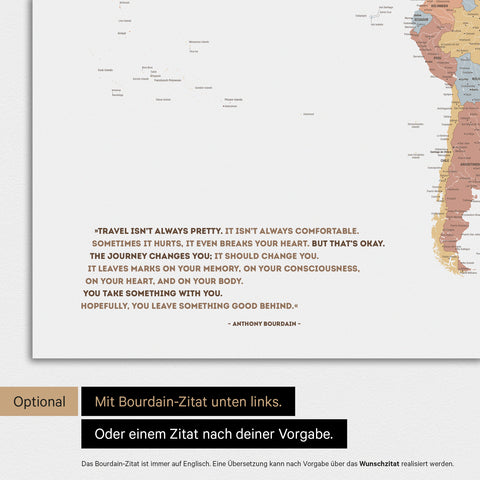 World map in multicolor sienna with printed quote by Anthony Bourdain, which can be replaced with any other quote during personalization