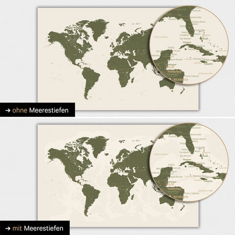 World map in olive green color with two-dimensional sea depths