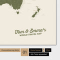 Personalized world map in olive green color with your name printed on it