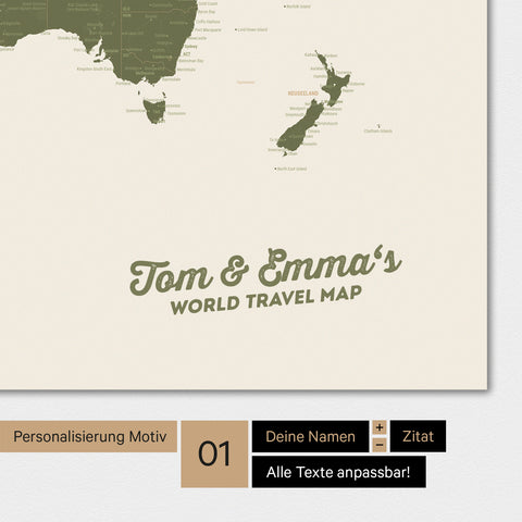 Personalized world map in olive green color with your name printed on it