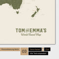 World map in olive green color with a vintage logo as modern personalization