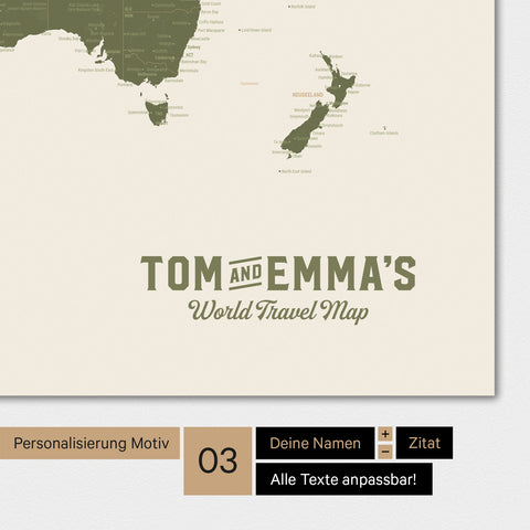 World map in olive green color with a vintage logo as modern personalization