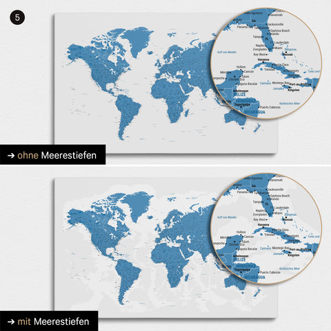 World map in blue with two-dimensional sea depths