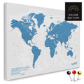 High-quality push pin world map in Blue as a pin board, perfect for tracking and displaying your trips and travel destinations