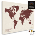 High-quality push pin world map in Bordeaux Red as a pin board, perfect for tracking and displaying your trips and travel destinations