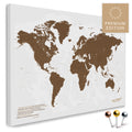 High-quality push pin world map in Brown as a pin board, perfect for tracking and displaying your trips and travel destinations