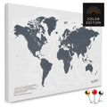 High-quality push pin world map in Denim Blue as a pin board, perfect for tracking and displaying your trips and travel destinations