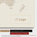 World map as a Push Pin Map in gold, on which a company logo can be printed and further customizations can be made as special orders