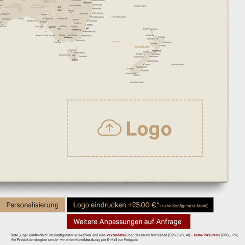 World map as a Push Pin Map in gold, on which a company logo can be printed and further customizations can be made as special orders