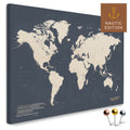 High-quality push pin world map in Hale Navy as a pin board, perfect for tracking and displaying your trips and travel destinations