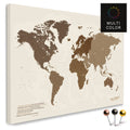 High-quality push pin world map in Multicolor Brown as a pin board, perfect for tracking and displaying your trips and travel destinations