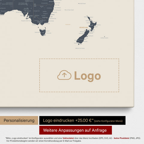 World map as a Push Pin Map in Navy Light, on which a company logo can be printed and further customizations can be made as special orders