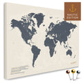 High-quality push pin world map in Navy Light as a pin board, perfect for tracking and displaying your trips and travel destinations