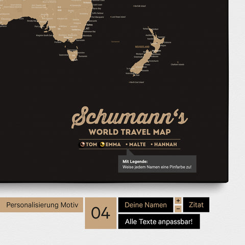 Pinnwand Leinwand einer Weltkarte in Sonar Black (Schwarz-Gold) mit Personalisierung als Logo mit Familiennamen und Legende