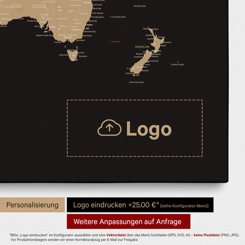World map as a Push Pin Map in Sonar Black (Black-Gold), on which a company logo can be printed and further customizations can be made as a special order