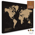 High-quality push pin world map in Sonar Black-Gold as a pin board, perfect for tracking and displaying your trips and travel destinations