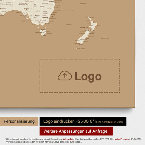 World map as a Push Pin Map in Treasure Gold, on which a company logo can be printed and further customizations can be made as special orders