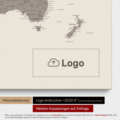 World map as a Push Pin Map in Warmgray (brown-gray), on which a company logo can be printed and further customizations can be made as special orders
