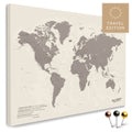 High-quality push pin world map in Warmgray as a pin board, perfect for tracking and displaying your trips and travel destinations