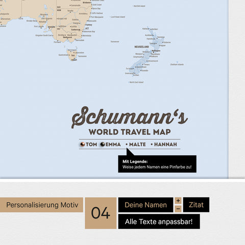 Pinnwand Leinwand einer Antarktis-Weltkarte in Multicolor Atlas mit personalisiertem Logo als Familiennamen