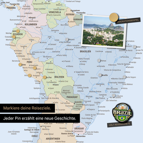 Detail of a magnetic world map as a magnetic board in multicolor atlas showing South America with a pinned photo as well as travel and vacation magnets