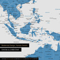 Section of world map poster in blue showing maps of Asia