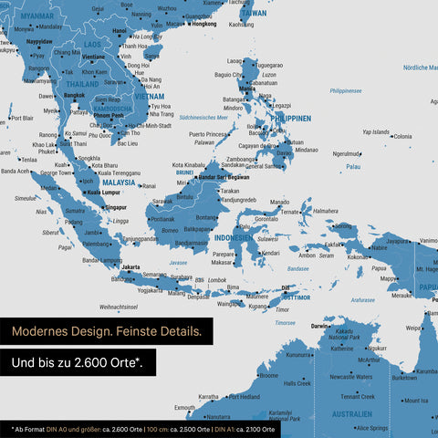 Section of world map poster in blue showing maps of Asia