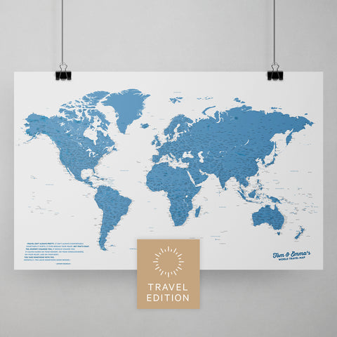 Weltkarte als Poster in Blau zum Pinnen und Markieren von Reisezielen kaufen