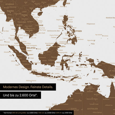 Section of a world map poster in brown showing maps of Asia