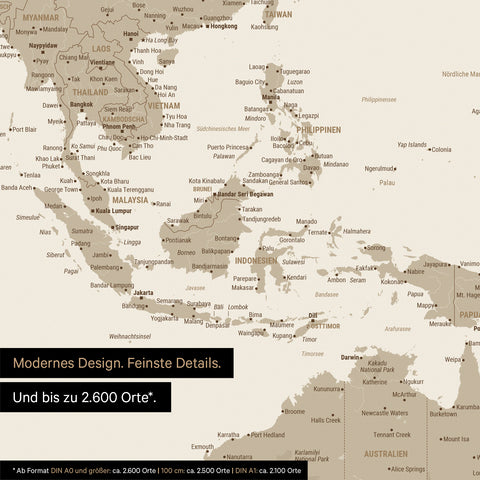 Section of World Map Poster in Desert Sand (Beige) showing maps of Asia