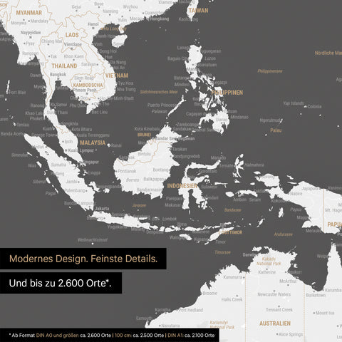 Section of world map poster in dark gray showing maps of Asia