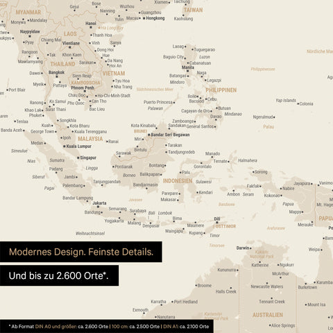 Section of world map poster in gold showing maps of Asia