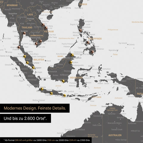 Section of world map poster in light gray showing maps of Asia