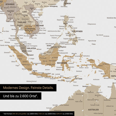 Section of world map poster in multicolor beige showing maps of Asia
