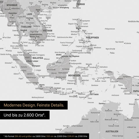 Section of world map poster in multicolor gray showing maps of Asia