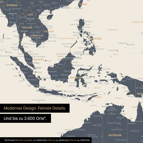 Section of World Map Poster in Navy Light showing maps of Asia