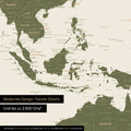 Section of world map poster in olive green showing maps of Asia