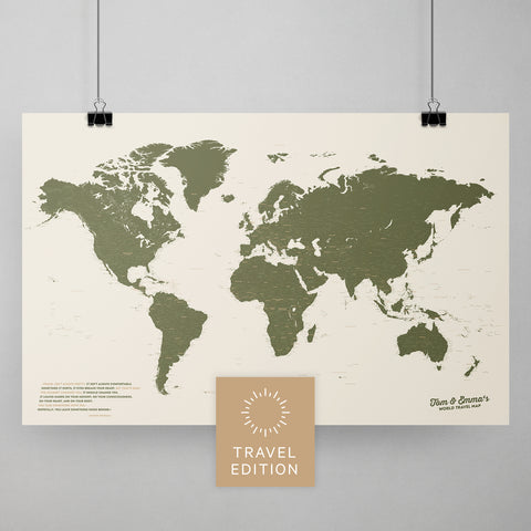 Weltkarte als Poster in Oliv-Grün zum Pinnen und Markieren von Reisezielen kaufen
