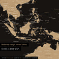 Section of world map poster in Sonar Black (black-gold) showing maps of Asia