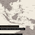 Section of world map poster in warm gray (brown-gray) showing maps of Asia