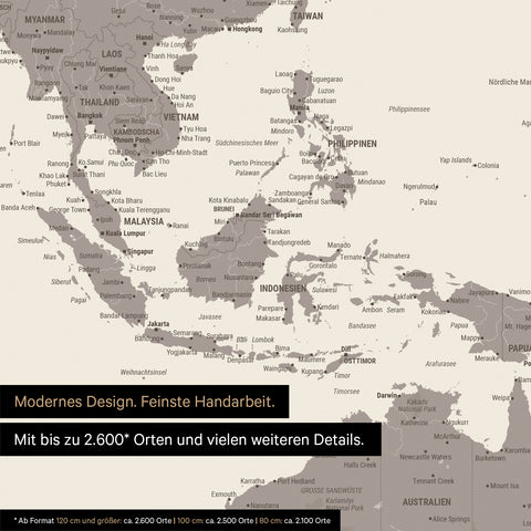 Section of world map poster in warm gray (brown-gray) showing maps of Asia