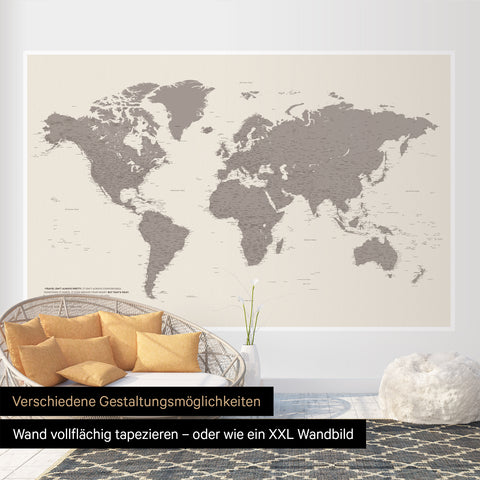Weltkarte als Vlies-Tapete in Warmgray (Braun-Grau) entweder ganzflächig tapezieren oder mit Rand wie ein XXL Wandbild