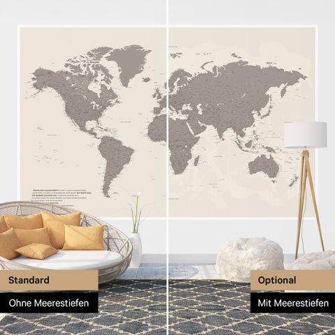 Weltkarte Foto-Tapete in Warmgray (Braun-Grau) mit zweidimensionalen Meerestiefen als optische Ergänzung