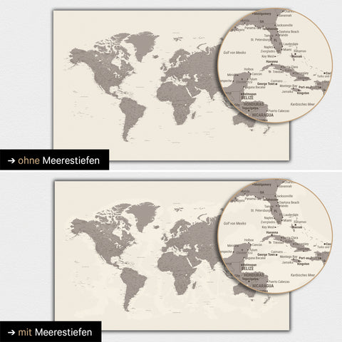 World map in warm gray color (brown-gray) with two-dimensional sea depths