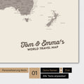 Personalized world map in warm gray color (brown-gray) with your name printed
