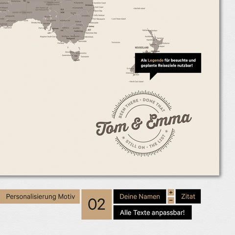 Alternative design for a personalization with your name on a world map in Warmgray color (brown-gray)